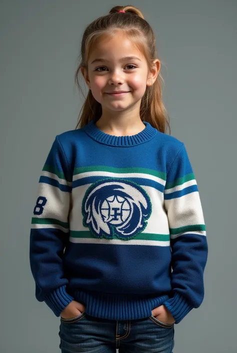 I need you to make a design for a girl&#39;s sweater with the colors blue, white, black and very little green. The team he represents is called Hawks. May it have the number 28