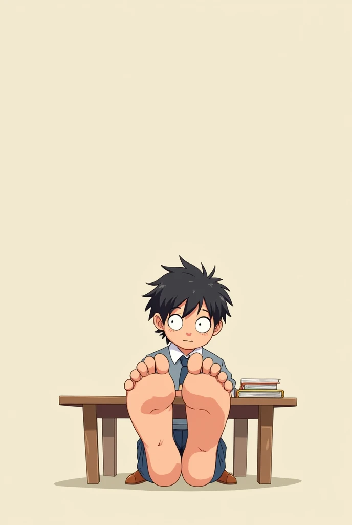 2D anime style, nerd barefoot boy school 7 years old sitting on empty table lifting big feet, wrinkled soles,