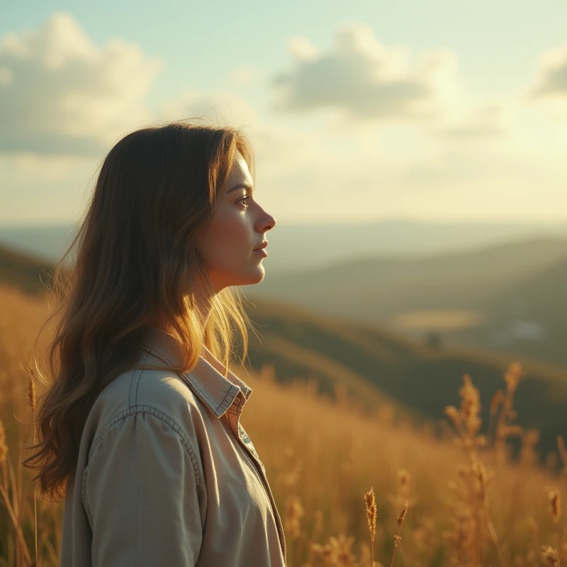 mages: A woman looking contemplatively at the horizon, in a natural environment with soft and comforting colors. No lower song, a small Star of David discreetly.