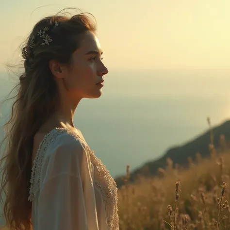 mages: A woman looking contemplatively at the horizon, in a natural environment with soft and comforting colors. No lower song, a small Star of David discreetly.