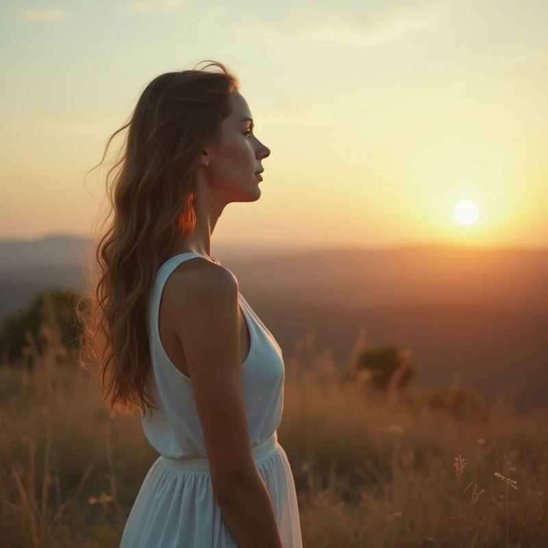 mages: A woman looking contemplatively at the horizon, in a natural environment with soft and comforting colors. No lower song, a small Star of David discreetly.