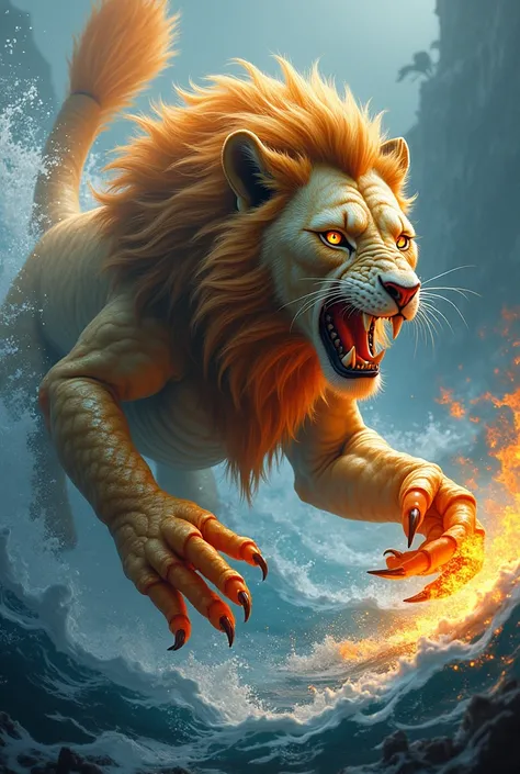 An animal that have:
- Head of Lion
- body of a fish
- tail, claws and Sting of a escorpião
The claws must be made of water
The Sting must be on fire
The animal must be atacking
The background must be a mix of water and fire