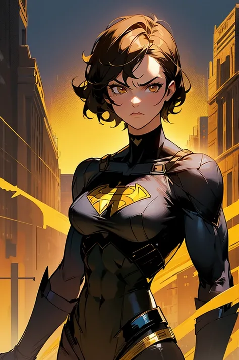 1female , undercut hair , wavy hair ,short hair, black Hair , golden Eyes , muscular ,teen female , Serious Expression , Modern City Background , Big symbol on chest, modern city background, upper body, superman shirt, arm, black arm sleeves, superhero sui...