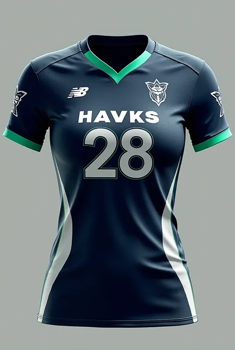 I need you to make a design for a game jersey, like the American football ones but for girls with navy blue colors, white, black and very little green. The team he represents is called Hawks. May it have the number 28