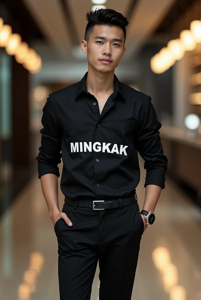 A handsome young man from Indonesia, 18 years old, is originally driving a luxury car., boy wearing black pants, black shirt "MINGKAK" Clear Printed on top in bold letters., white shoes, watch, succeeded, stylish hair, Background, 16K Ultra Quality Images