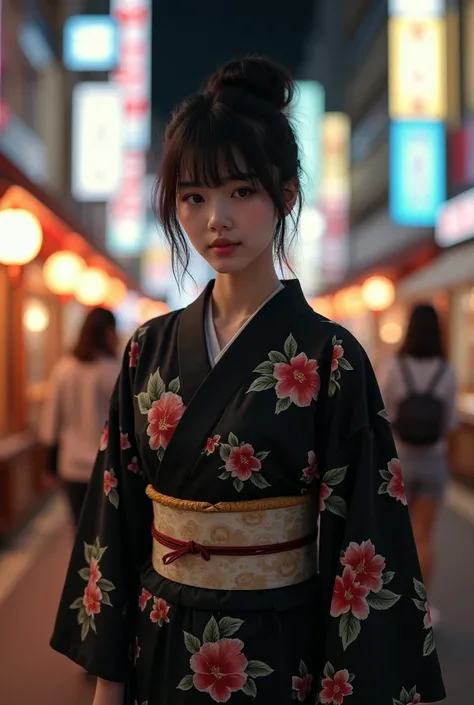 RAW Photos, 8k, (Highest quality), Realistic, (live-action, Intricate details), (Natural skin texture, Detailed skin, Hyperrealism, Sharpness), (Pale skin:1.5), Japanese teenage girl walking through a shopping street at night, (Sexy black yukata with flora...