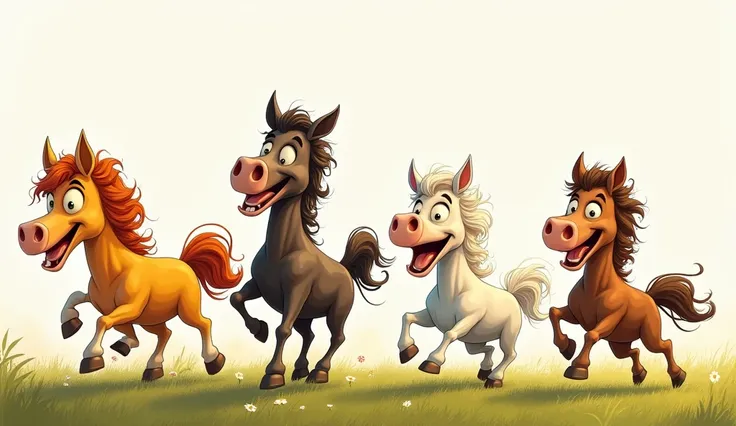 4 funny horses running on the meadow. 4 children with 4 happy emotions ,buồn, surprised, lovely. 3 children run in the same direction and 1 child runs back.. The 4 faces must be funny and stupid.. Horizontal photo. No humans appear, no human images only ho...