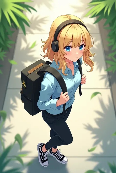 A young girl wear headset walking around university in the morning, the angle is from right above. She have a medium long hair, wavy, golden colour, with blue eyes. The headset is black colour. Her outfit is ice blue blouse and black trousers. With black a...