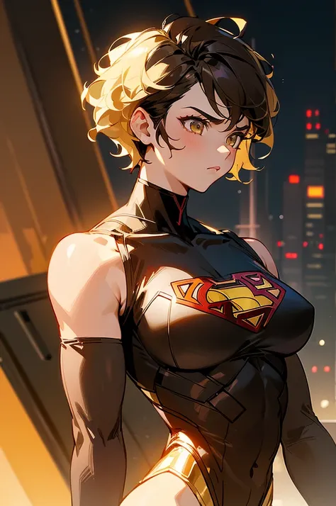 1female , undercut hair , wavy hair ,short hair, black Hair , golden Eyes , muscular ,teen female , Serious Expression , Modern City Background , Big symbol on chest, modern city background, upper body, superman shirt, arm, black arm sleeves, superhero sui...