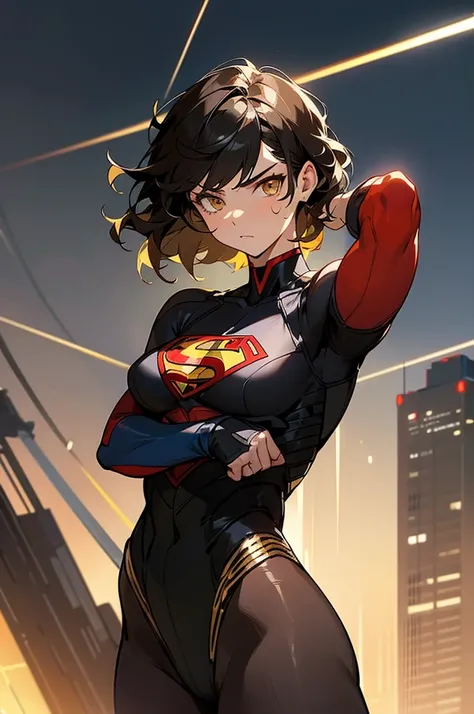 1female , undercut hair , wavy hair ,short hair, black Hair , golden Eyes , muscular ,teen female , Serious Expression , Modern City Background , Big symbol on chest, modern city background, upper body, superman shirt, arm, black arm sleeves, superhero sui...