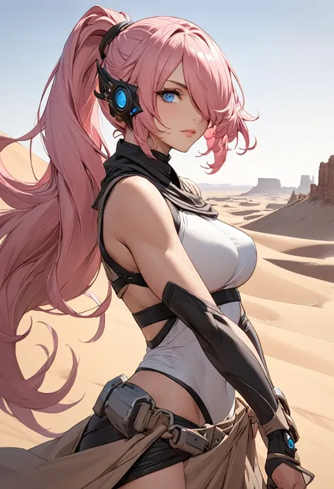 masterpiece, best quality half body, ultra realism, 1 female, (long_ponytail wavy tip pink color hair), (hair over one eye:1.3), detailed beautiful eyes, detailed gorgeous face, dune, borderland guardians, wearing sand-colored desert cloak, warfare, mask, ...