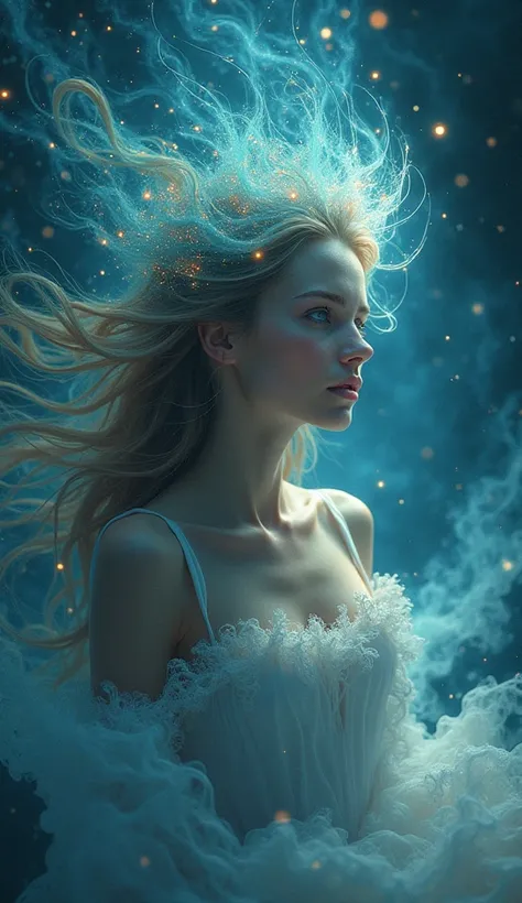 a mystical and ethereal landscape, a young woman surrounded by swirling energy and cosmic forces, her eyes glowing with an otherworldly power, intricate fractal patterns in the background, dramatic lighting, cinematic composition, rich jewel-toned colors, ...