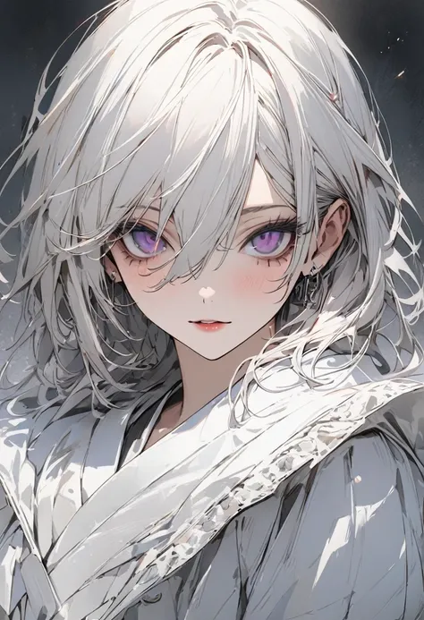 1 woman, striped hair, long white hair, hair between purple eyes, moles under the eyes, blank eyes, white cloth, high detail, conceptual art, japanese cartoon movies, gothic art, masterpiece, super detail, high details, high quality, best quality