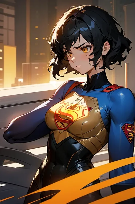 1female , undercut hair , wavy hair ,short hair, black Hair , golden Eyes , muscular ,teen female , Serious Expression , Modern City Background , Big symbol on chest, modern city background, upper body, superman shirt, arm, black arm sleeves, superhero sui...