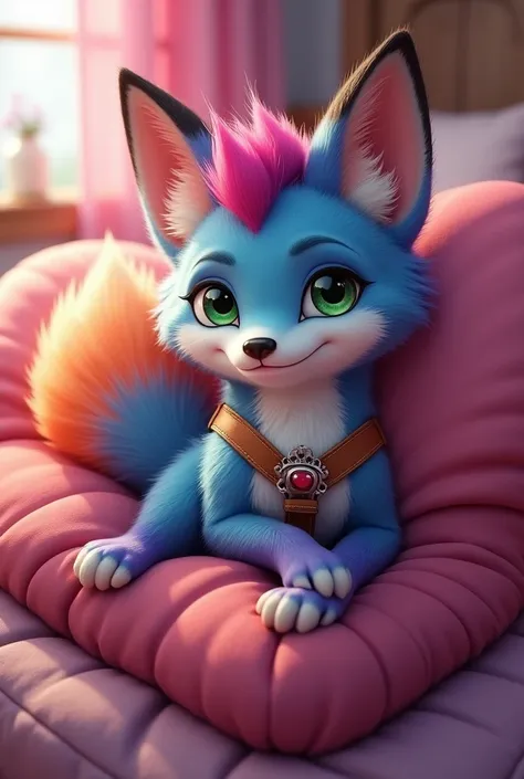 Anthropomorphic fox with blue, purple and orange fur with a magenta hair style with green eyes wearing a harness laying on a heart shaped bed