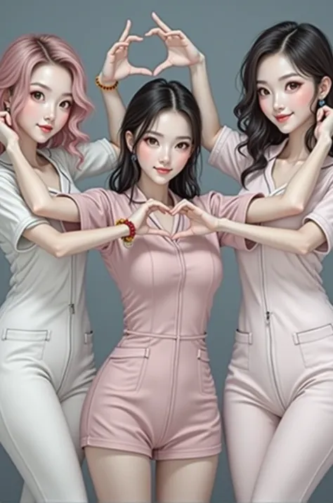 photograph, cowboy shot, three women making heart shape with hands, smiling beautiful Japanese female nurse wearing pink scrubs, hourglass figure, beautiful detailed face, black hair, pale skin, fair skin, realistic skin, detailed cloth texture, detailed h...