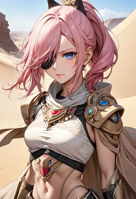 masterpiece, best quality half body, ultra realism, 1 female, long_ponytail wavy tip pink color hair, hair over one eye, detailed beautiful eyes, detailed gorgeous face, dune, borderland guardians, wearing sand-colored desert cloak, warfare, mask, desert c...