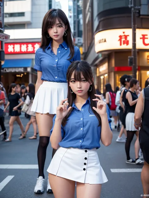 Product quality,1 girl,Cowboy Shot,Front view,(Thigh Emphasis:1.6),Young and sexy Japanese girl,20-year-old,Harajuku,(Crowded street:1.4),Snazzy,((Blue Shirt:1.5)),wear,(Snazzyバッグ:1.3),Fashionable necklaces,Stylish earrings,((White Ultra Short Micro Mini S...