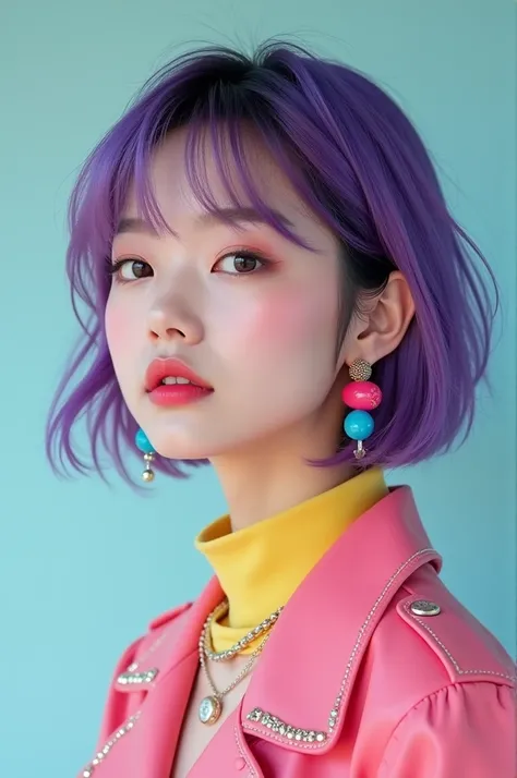 Kpop girl that has a short hair and purple highlights. Her clothes are y2k concept and it includes candy