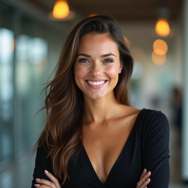 Create A Smiling Woman, confident and successful, in a modern professional environment. Add subtle elements of lights or glitter to highlight the inspiration.

