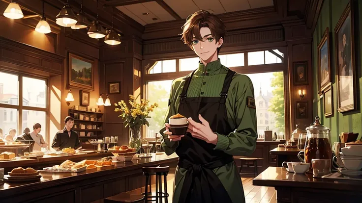 cute smiley boy, brown hair, green eyes, tall and lean, facing straight, standing and till waist, cozy café, empty hands, absurd res, high res, ultrasharp, 8k, masterpiece