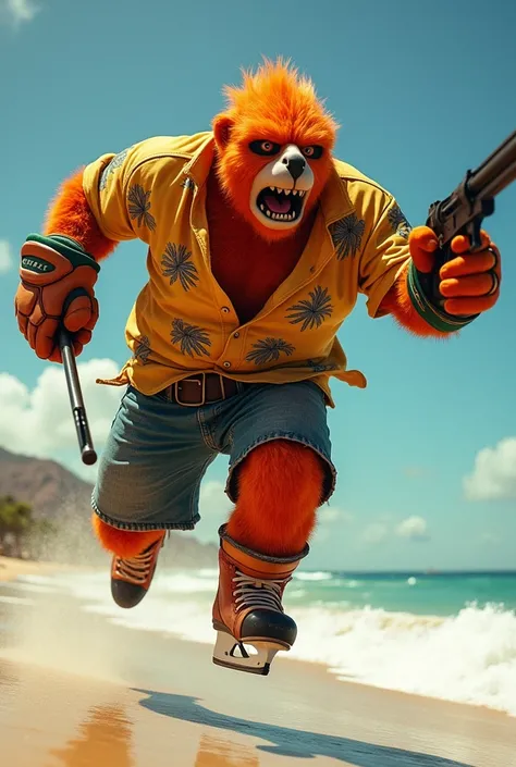 gritty the fuzzy orange hockey monster, wearing tropical shirt, dual wielding 50 calibre desert eagles, jumping through air of south american beach, action shot, Max Payne crossover Gritty, NHL faceoff, final showdown