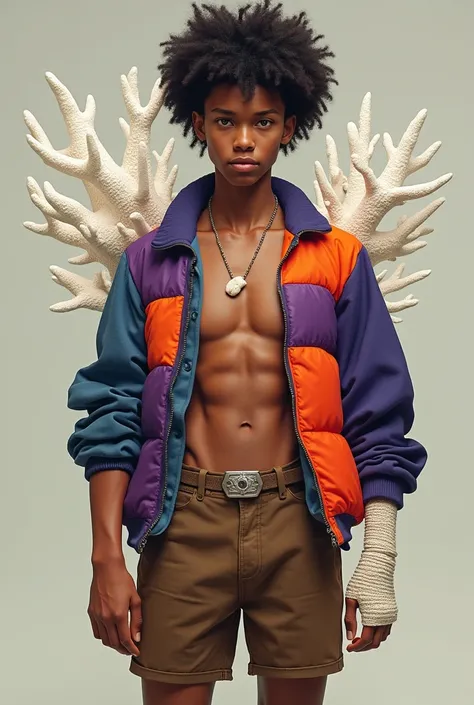 A teenage deliquent boy, his arms are both in a shared cast,he wears brown shorts and a jacket with purple,orange,red and blue colors, he appears a bit muscular and his back has white coral coming out from it
Tanish skin afro hair style, has a shirt with a...