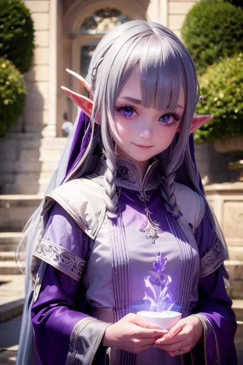 Young Elf Girl, Gray Hair, Purple eyes, Wearing white and purple royal robes, outside a mansion, Day, Realistic lighting, masterpiece, Attention to detail, Detailed eyes, Detailed face, Smiling Kindly, Medieval anime art