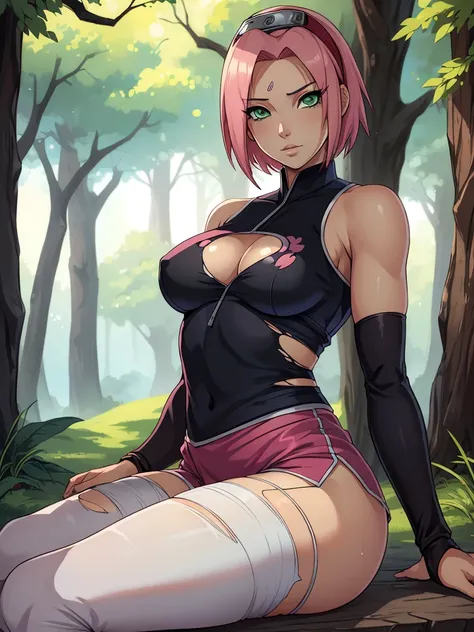 Nsfw, threatening pose with legs spread, ((ultra quality)), ((masterpiece)), girl, Haruno Sakuro, naruto, ((Pink short hair)), (Beautiful cute face), (beautiful female lips), charming, ((sexy facial expression)), looks at the camera, eyes slightly open, (s...