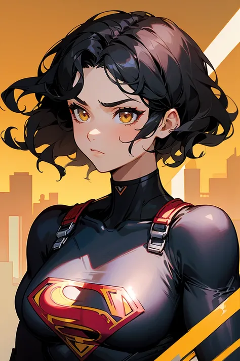 1female , undercut hair , wavy hair ,short hair, black Hair , golden Eyes , muscular ,teen female , Serious Expression , Modern City Background , Big symbol on chest, modern city background, upper body, superman shirt, arm, black arm sleeves, superhero sui...