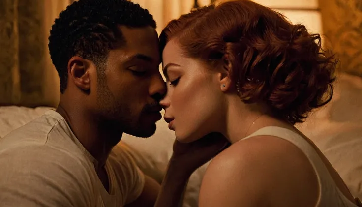 Jane Levy and a handsome African American male whose facial features are a combo of Charles Michael Davis + John Clarence Stewart + Nathan Mitchell share a steamy kiss inside a bedroom lit only by candlelight. Jane has lovely makeup on her face. Nighttime....