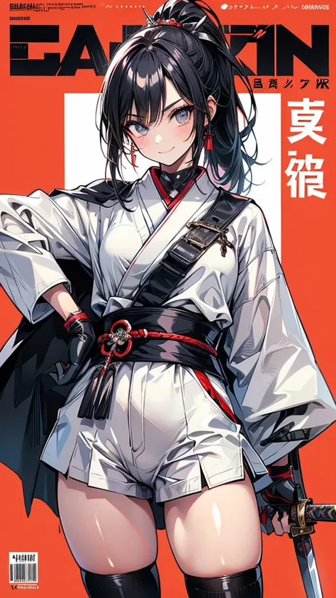 Magazine Cover　Adult features　ponytail　length, Narrow eyes　smile　Glare　frivolous attitude　Japanese clothing　White shirt　Black hot pants　Black long gloves　Black knee socks　Keep your hands on your hips　Japan Hold the sword to your waist　Cape　mechanized japan...