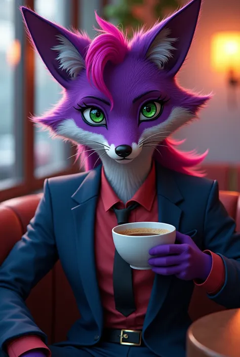 Humanized fox with purple, blue and orange fur with a magenta hair style and green eyes wearing a suit enjoying some coffee