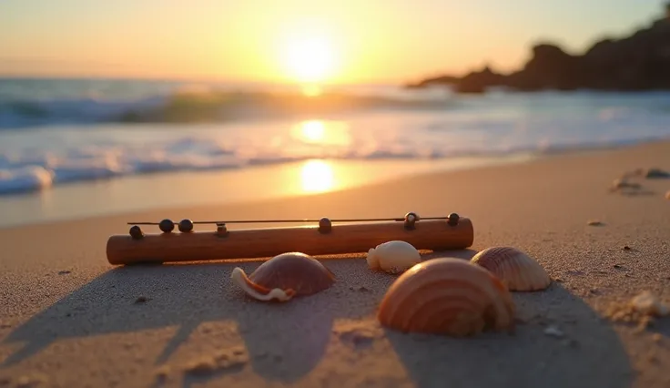 There is a barss instrument on the sandy beach.. There are shells and conches on the sandy beach.. There are waves. The sky with sunset.