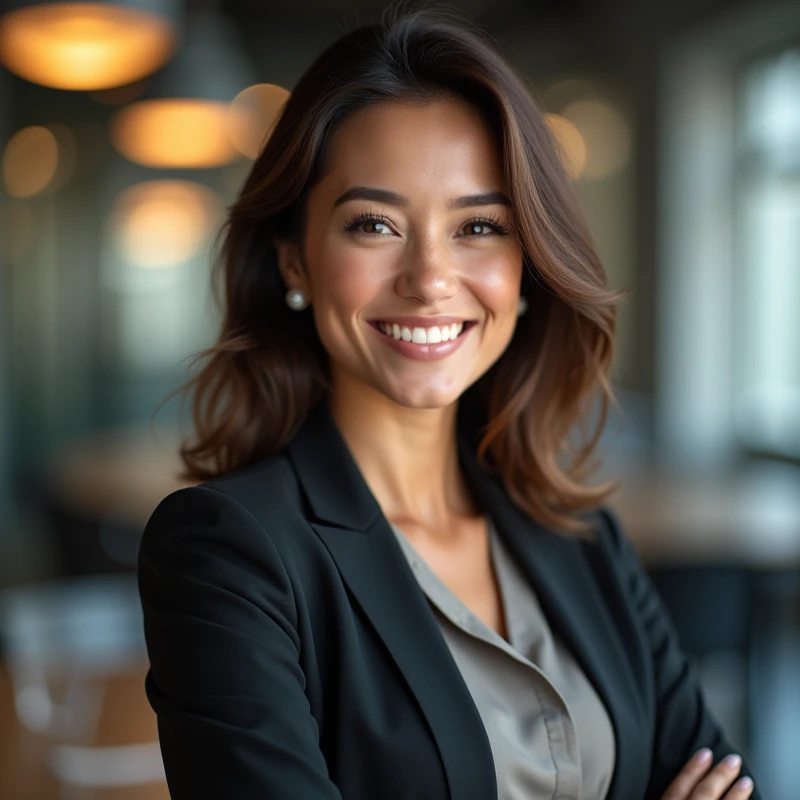 a confident, successful woman smiling in a modern professional environment, subtle lighting or glow elements to highlight inspiration, 8k, best quality, photorealistic, detailed portrait, intricate details, elegant businesswoman, confident pose, warm light...