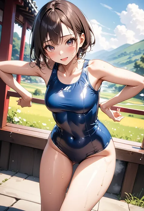 (((A woman playing in midsummer in Japan))), ((school swimsuit)),, ((Shiny Costumes)), skindentation, skinny, solo, 1 woman, Masterpiece, highest quality, highest quality, 16K, incredibly absurd, highly detailed, 2.5D, ai-generated, delicate and dynamic, v...