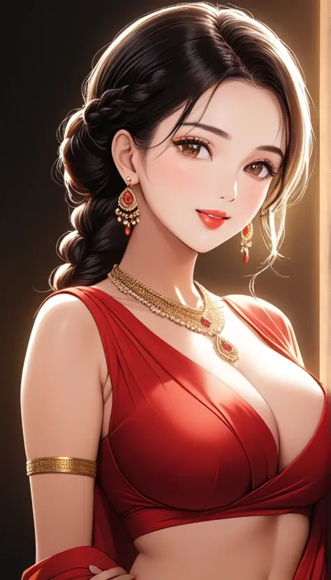 (1woman, mature, single hair braid, see through saree, long crystal jhumka earrings, detailed alluring eyes, smooth detailed lips, beautiful face, smiling, red lipstick, navel, bangles, saggy breasts, photorealistic, 8k, hyperdetailed, vibrant colors, stud...