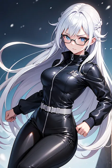 She wears a dark blue zip-up jacket with a high collar thats also fairly wide. She wears slim-fit matching black pants and black dress boots. Before switching over to a simple glasses, Her hair is snowy white and long while she makes a Cocky looks,her glas...