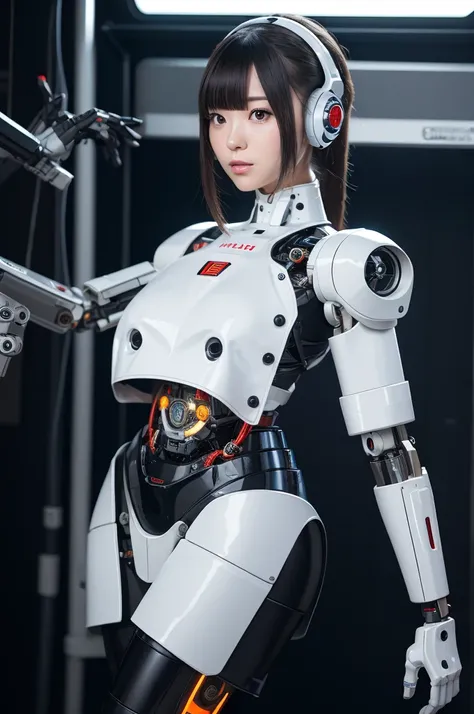 masterpiece, best quality, extremely detailed, Japaese android girl,Plump , control panels,android,Droid,Mechanical Hand, Robot arms and legs,Blunt bangs,perfect robot girl,long tube,thick cable connected her neck,android,robot,humanoid,cyborg,japanese cyb...