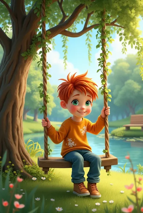 A freckled red-haired boy with vibrant green eyes, wearing an orange long-sleeved shirt with several white flowers on the front and jeans. Sitting on a wooden swing hanging from a weelping tree, with a lake next to it, and a wooden bench, around trees and ...