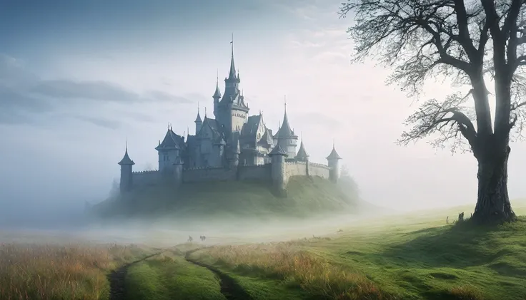 Fantasy, grassland, There is a large Western-style castle in the far right., melancholy, fog