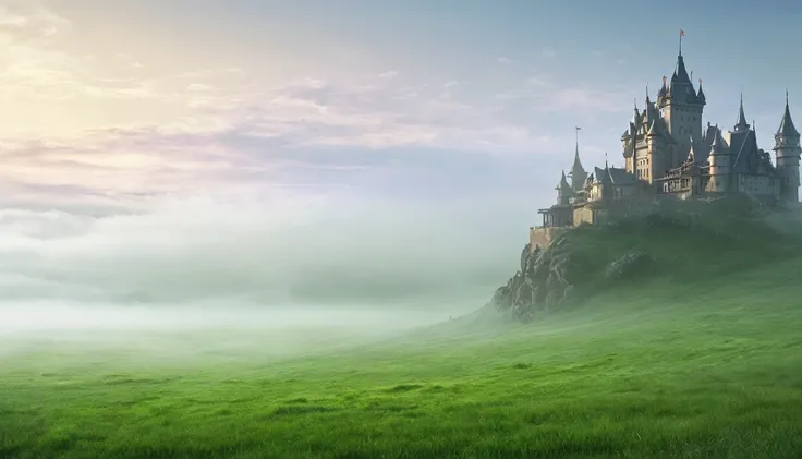 Fantasy, grassland, There is a large Western-style castle in the far right., melancholy, fog