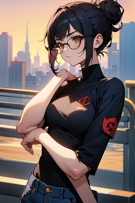 1female , undercut hair , wavy hair ,short hair, black Hair , golden Eyes , lean build ,teen female , Serious Expression , Modern City Background , modern city background, upper body, black shirt, arm, black arm sleeves, big red S symbol, blue jeans, glass...