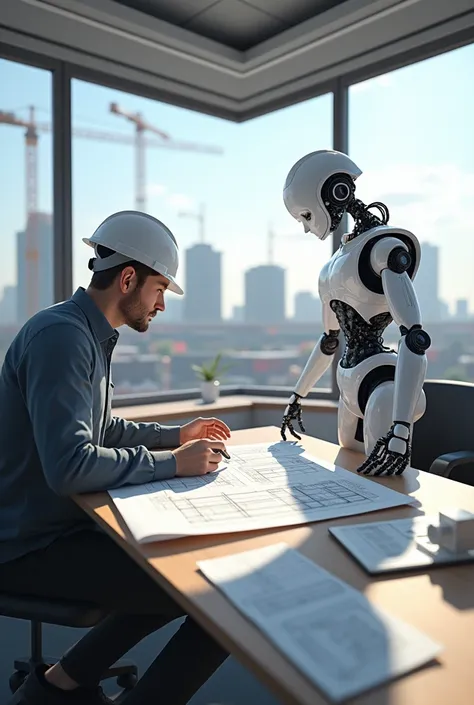 a civil engineering employee and the robot are work on 2d plan in office and the backside of office windows  construction site work 9on building 