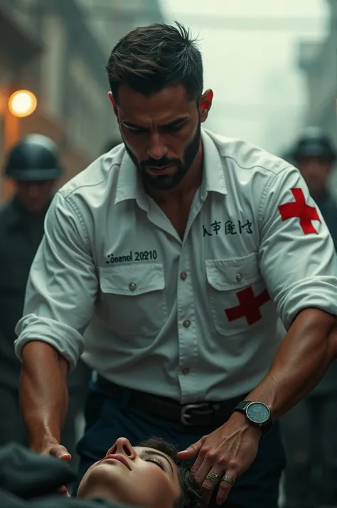 a man with a white shirt and red cross on his arm Unreal Engine prowess on display in hyperrealistic glory, intricately detailed and softly lit, 8K, highly detailed