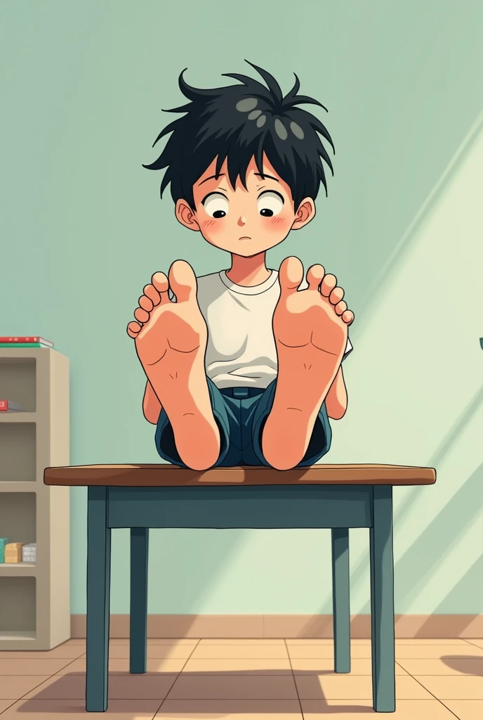 2D anime style, nerd barefoot boy school 7 years old sitting on empty table lifting long feet, wrinkled soles,