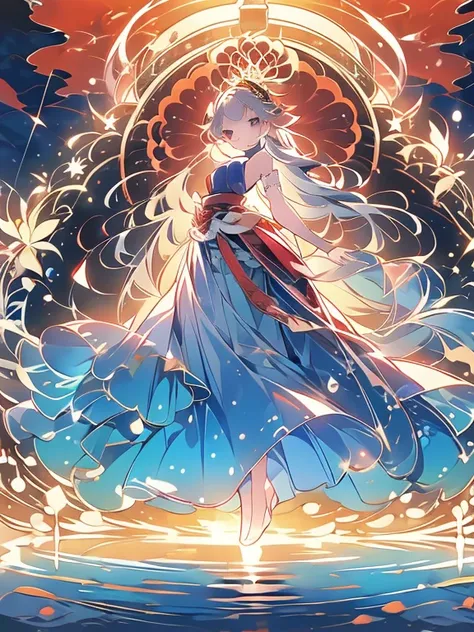 ((Highest quality)), ((masterpiece))、Small breasts are justice、background（Magnificent View）、View from afar、Multiple people、Two women、Two shrine maidens、Dance、prayer、Uplifting、Guidance、(Blue and silver long hair、Blue-green eyes)、(Scarlet long hair、Orange ey...