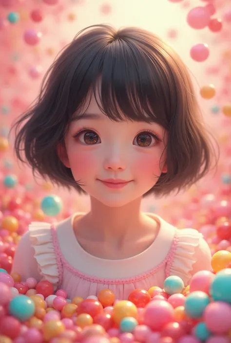 Cute korean girl that has a short hair and a candy background