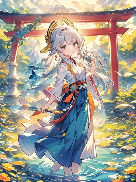 ((Highest quality)), ((masterpiece))、Small breasts are justice、background（Magnificent View）、View from afar、Multiple people、Two women、Two shrine maidens、Dance、prayer、Uplifting、Guidance、(Blue and silver long hair、Blue-green eyes)、(Scarlet long hair、Orange ey...