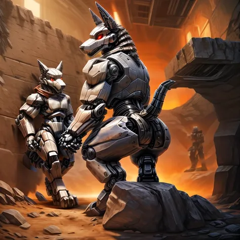 black robot male muscular anthro wolf, standing, left feet standing higher on a stone, left hand holding a picaxe, right hand ho...